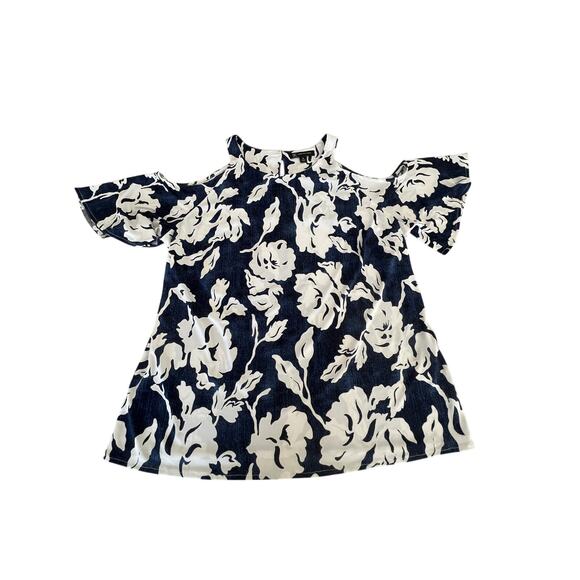 INC International Concepts Blue & White Print Knit Cold Shoulder Top Size XL - Picture 1 of 7